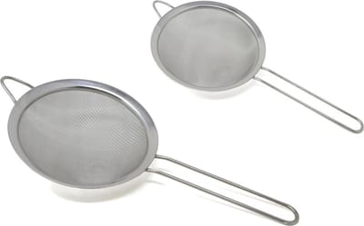 Keuken vergiet/zeef met steel - 2x - metaal - grijs - D18 x L37 cm / D16 x L34 cm