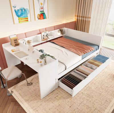 MEUNIQ Bed 140 x 200 cm met bureau, 2 lades, 3 planken en veiligheidshek - multifunctioneel bed voor slaapkamer, wit