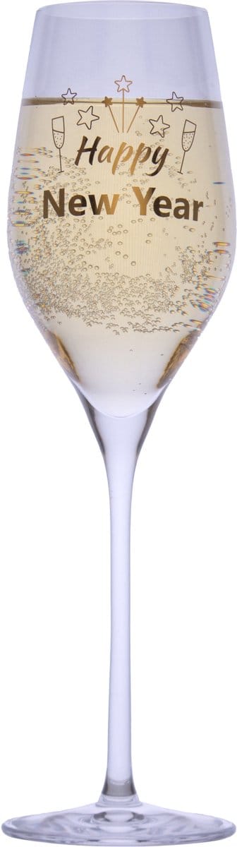 Champagneglas - Happy New Year - 24K gouden opdruk - kristal - nieuwjaar - oudjaar - oud & nieuw - feest - cadeau - origineel