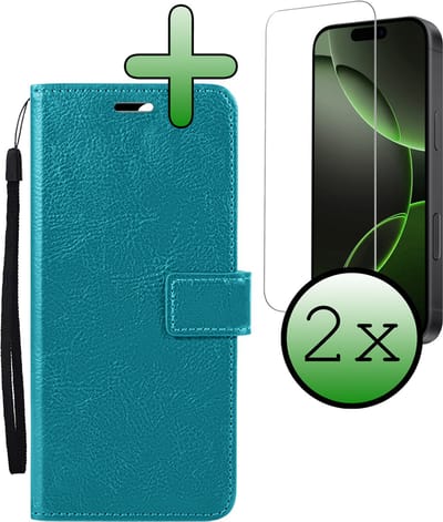 Hoesje Met 2x Screenprotector - Geschikt voor Apple iPhone 16 Pro - Luxe Pasjeshouder - Bookcase Portemonee - Flip Case - Kunstleer Book Case - Flipcase Hoes - Book Cover - Walletcase - Portemonneehoes - Turquoise