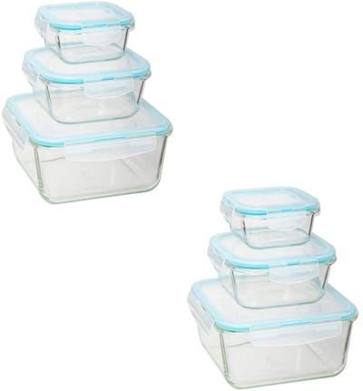5Five Vershoudbakjes met deksel - glas - set 6x stuks - 330/800/2220 ml - luchtdicht - met clips
