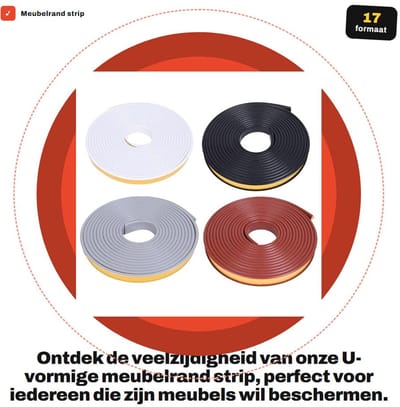 Dailygoods- Meubelrandstrip U-vormig - Zelfklevende Band - Flexibele Randbescherming - 3 Meter - TPE Kunststof - 17 mm x 3 m, Wit - Randband