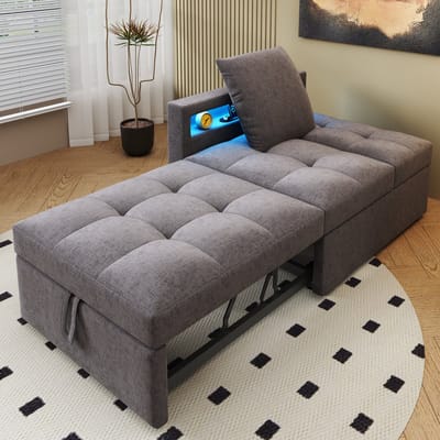 OKWISH Slaapbank 177x68 cm – 3-in-1 Met 5-Stand Rugleuning – Armleuning Met LED & USB/Type-C – Kleine Ruimtes/Gastenkamer – Linnen – Donkergrijs – Zonder matras