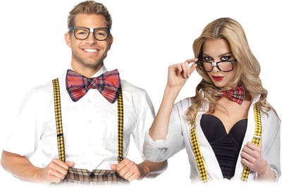 Funny Fashion - Leraar & Professor & Scholier & Student Kostuum - Perfecte Nerd Set 3 Delig - Rood, Geel - Carnavalskleding - Verkleedkleding