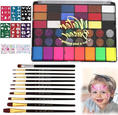 Kleurset voor Gezichtsverf voor Kinderen en Volwassenen, 42 Kleuren, Veilig en Niet-Toxisch, Inclusief 10 Penseel en 8 Stickers, Eenvoudig aan te Brengen en Verwijderen