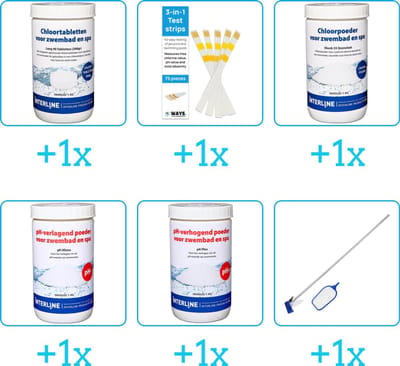 Zwembad Onderhoudspakket - Onderhoud Zwembad - bevat Chloor - Testrips - Chloor - PH-min - PH-plus en Schoonmaakset (6-delig)