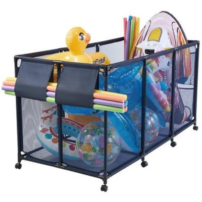 VEVOR Zwembadopbergbak 1755x815x890 mm, organizer met zijvakken, metalen frame, gaasmand, opbergdoos, opbergmand, opbergwagen voor zwembadspeelgoed