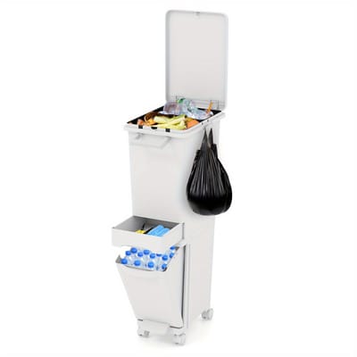Afvalbak afvalscheiding-Afvalbak-(32 L)-3-in-1 Veelzijdige Afvalbak- Keuken Afvalbak met Schuine Onderkamer- Centrale Lade en Twee Bovenste Velden-stickers voor afvalscheiding-WIT.