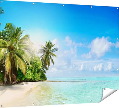 Gards Tuinposter Tropisch Strand bij de Licht Blauwe Zee - 160x120 cm - Tuindoek - Tuindecoratie - Wanddecoratie buiten - Tuinschilderij