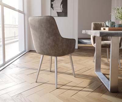 Gestoffeerde-stoel Zelia-Flex met armleuning 4-poot conisch roestvrij staal microvelours taupe vintage pocketveer kern