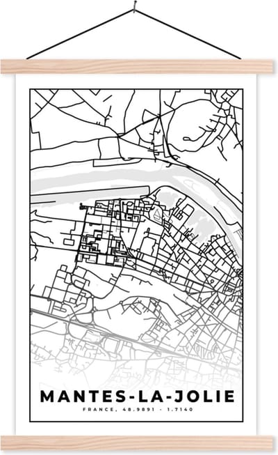 Posterhanger incl. Poster 40x60 cm - Schoolplaat - Frankrijk - Plattegrond - Stadskaart - Kaart - Mantes-la-Jolie - Zwart wit - Textielposter - Blanke latten - Stadskaart