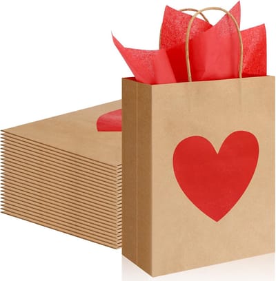 24 Stuks Valentijnsdag Geschenkzakjes met Handvat - Kraftpapier Hartjes