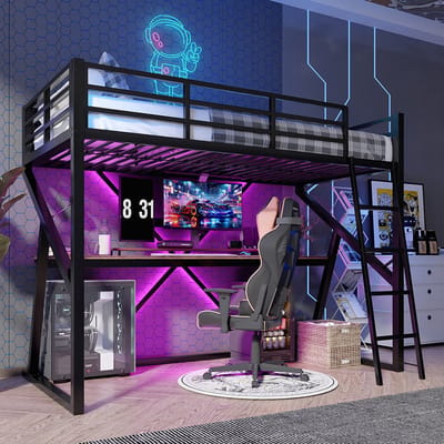 Komhtom Hoogslaper, 90 x 200 cm, ijzeren frame, ledstrip, veiligheidshek, ladder, bureau, zonder matras, zwart