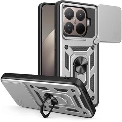 MobyDefend Hoesje - Geschikt voor Xiaomi 15T Pro - Pantsercase Met Draaibare Ring - Zilvergrijs