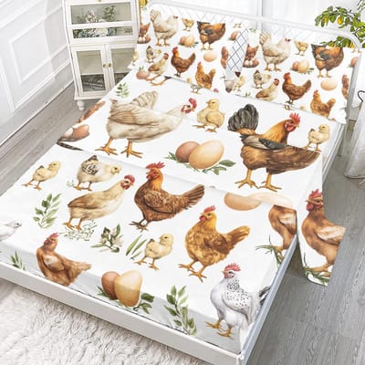 4-delig Kippenei Beddengoed Set, Inclusief 1 Hoeslaken, 1 Extra Groot Hoeslaken, 2 Kussenslopen (Boerderij, Wonen) 99cmx199cm beige