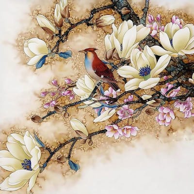 Peinture diamant magnifique fleur de Magnolia et paysage d'arbre à oiseaux, broderie au point de croix 30x30CM beige