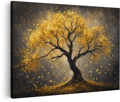 Artaza Canvas Schilderij Gouden Boom Op Grijze Achtergrond - 90x60 cm - Wanddecoratie Woonkamer - Schilderijen - Muurdecoratie
