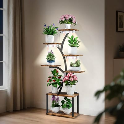 unho 7-laags plantenstandaard met groeilamp - Hoge plantenplank voor binnen met timer en dimfunctie - Volledig spectrumlicht - Houten en metalen plantenrek - Hoekbloemenstandaard voor woonkamer en terras