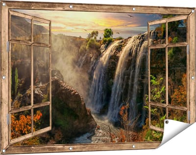 Gards Tuinposter Doorkijk Watervallen vanaf de Kliffen - 120x80 cm - Tuindoek - Tuindecoratie - Wanddecoratie buiten - Tuinschilderij