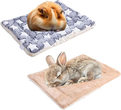 Daity Verpakking met 2 warme dekens voor cavia's - 30 x 20 cm - hamster-konijnenmat - warme - zachte puppyfleecedeken - mat voor cavia's - voor kleine dieren enz. (blauw en geel)