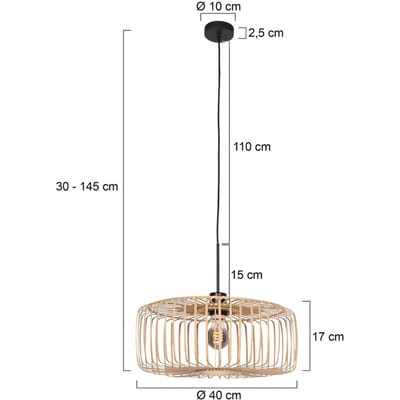 Hanglamp Breeza-Beache 4474ZW – Zwart met bamboe kap Ø40 cm, hoogte instelbaar, trendy design, Steinhauer