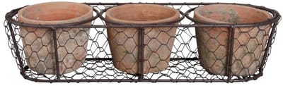 Famanu – Set van 3 terracotta potten in draadmand, ideaal voor het kweken van planten en kruiden, perfect voor binnen en buiten