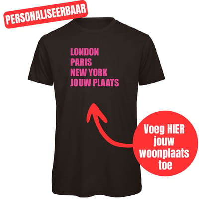 T-shirt zwart | fluor roze - S - London, Paris, New York, jouw woonplaats - soBAD. - Regular fit