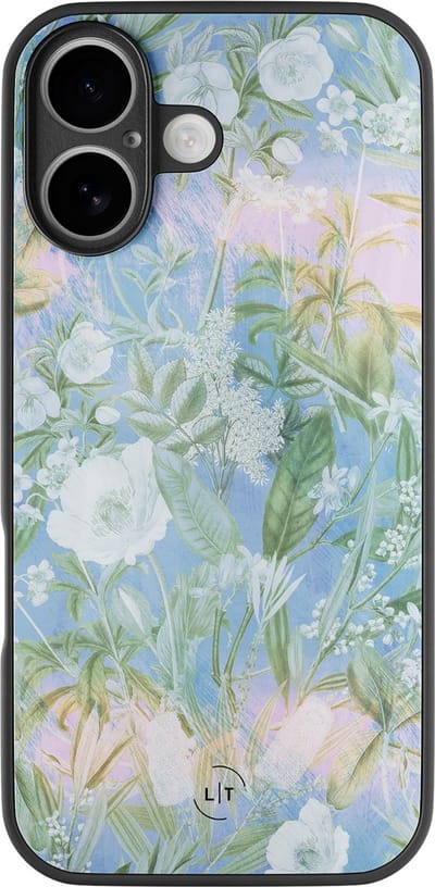 Hoesje geschikt voor iPhone 17 - Bright summer - Luxe Glazen Hardcase - Bloemen - Blauw - Leuke Telefoonhoesjes