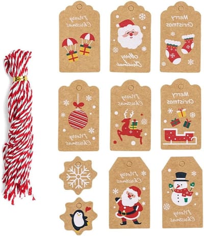 Kerstcadeaulabels set van 50 stuks, handgemaakte etiketten voor cadeauverpakking, kraftpapier hangers met rood-wit koord voor feestelijke decoratie