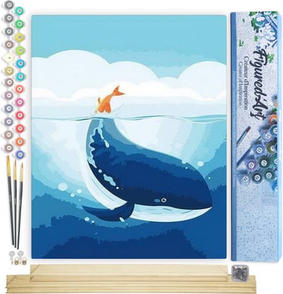 Figured'Art Schilderen op Nummer Volwassenen canvas Blauwe vinvis - Handwerk acrylverf Kit DIY Compleet - 40x50cm met DIY houten lijst
