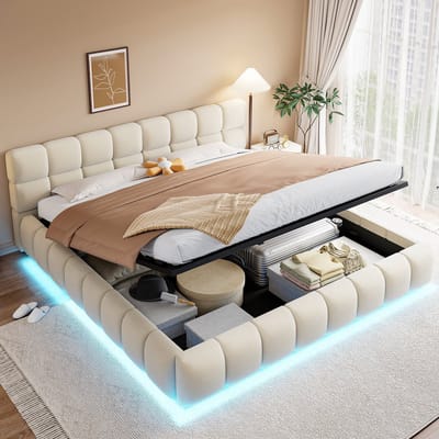 MODENUIT Gestoffeerd bed 180x200 cm – Hydraulische opbergruimte met ledverlichting – Ingelegd matrasframe – Zonder matras – Beige