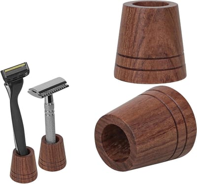 Allecto Plus - Houten scheerstandaard voor mannen - 2 stuks scheerzeep - compatibel met Sensor 3 en Vector 3 - ideaal voor badkamer en op reis - geschikt voor opening diameter 1.8cm (Bruin)