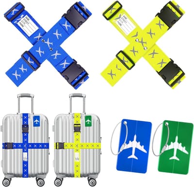 Verstelbare Bagagestraps met Bagagetags, 4 Stuks, Veiligheid, Antislip Reisaccessoires voor Koffers en Tassen in Groen en Donkerblauw