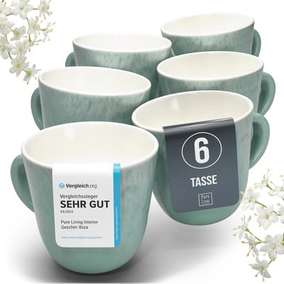Pure Living Ibiza Light Set Van 6 Koffiemokken - 435ml - Turquoise - Massief Aardewerk - Vaatwasserbestendig - Magnetronbestendig