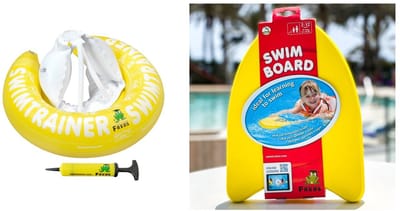 ZWEMSET "KLEUTER" : SWIMTRAINER GEEL (4 tot 8 jaar) + ZWEMPLANK + POMP | DE VEILIGE BABY ZWEMBAND | (Keurmerken: CE-TüV-EN13138-1:2014)