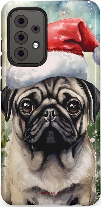 Casetastic hoesje geschikt voor Samsung Galaxy A52 (2021) 5G / Samsung Galaxy A52 (2021) 4G - Dubbellaagse bescherming - Aquarel Kerstmis Pug Hond - Fashion Case - Grijs Taupe Donkergrijs Saliegroen