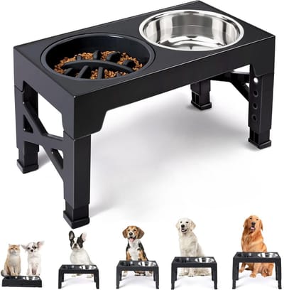 BOTC Voerbak Hond met Standaard - Voerbak Kat - Anti Schrokbak Hond - Verhoogde Voerbak - 4 Hoogtes - Slow Feeder - Zwart