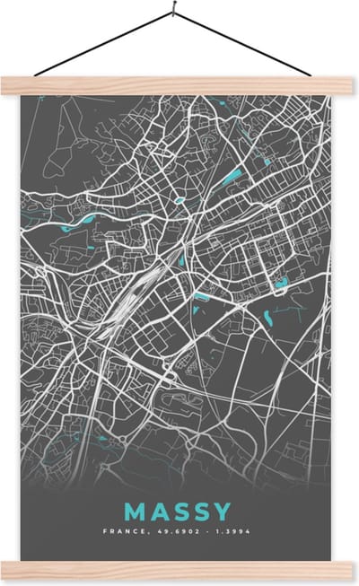Posterhanger incl. Poster 40x60 cm - Schoolplaat - Massy - Frankrijk - Plattegrond - Kaart - Stadskaart - Textielposter - Blanke latten - Stadskaart