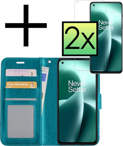 Hoesje - Met 2x Screenprotector - Geschikt voor OnePlus Nord 2T - Luxe Pasjeshouder - Bookcase Portemonee - Flip Case - Kunstleer Book Case - Flipcase Hoes - Book Cover - Walletcase - Portemonneehoes - Turquoise