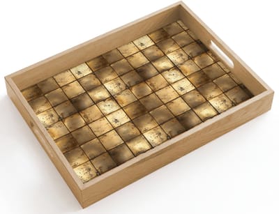 Dienblad hout 40x30 cm - Schootdienblad - Geometrisch - Tegels - Goud - Borrelplank rechthoek - Plateau dienbladen