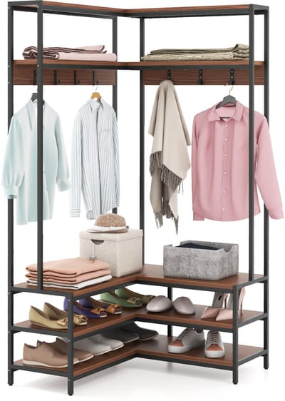 COSTWAY Hoekkapstok met zitbank, L-vormige kledingstandaard met open planken en 7 haken, garderobe, halgarderobe voor hal en slaapkamer, 90 x 90 x 178 cm
