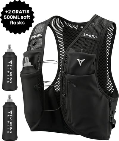 Breaking Limits Hardloopvest met Telefoonhouder & Ruimte voor Waterzak - Inclusief 2 x Soft Flask 500 ml - Ultralicht Reflecterend Running Vest - XXS-S