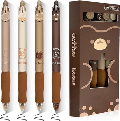 Uitwisbare balpen met koffiebeer-design - verpakking van 4 stuks - bruine uitwisbare pennen 0,5 mm - gelpen - uitwisbaar - Friction Erasable pen voor studenten - cadeau - school - kantoorbenodigdheden