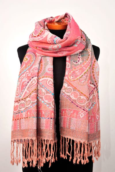 Wollen geborduurde sjaal en omslagdoek Oudroze-Mintgroen, Merino wol, 72 * 190 cm