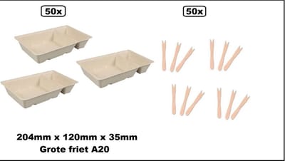50x Bio Frietbakje A20 met sausvak + 50x Houten snackvork - Grote Friet - Friet patat frites saus friet bakje snack next generation carnaval festival thema feest
