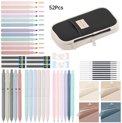 52 stuks schoolspullen met mapje, 12 pastelmarkeerstiften, 5 gelstiften, 6 vulpotlodenset, pennen en coole spullen voor tieners, meisjes, schoolspullen, kantoor, volwassenen (zwart)