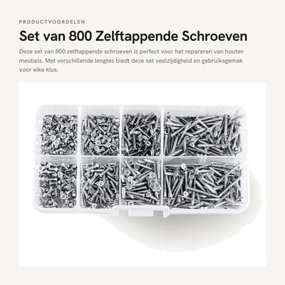 Dailygoods- Zelftappende Schroeven 800 Stuks - Assortiment Kit - Platte Kop - Vernikkeld Koolstofstaal - Houten Meubels - Hersluitbare Doos
