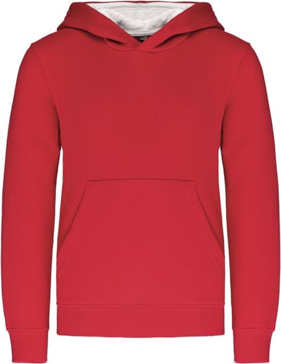 K453 - Kinder hooded sweater met gecontrasteerde capuchon, Rood/Wit, maat 12/14 jaar