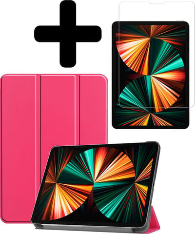 Hoes - Geschikt voor Apple iPad Pro (2021) - 11 inch - 3e generatie - Met Screenprotector - Trifold Bookcase - Hard Cover - Hardcover Book Case - Tablet Hoesje - Donkerroze