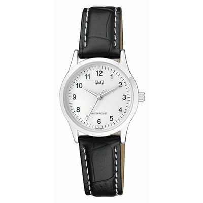 Q&Q C09A-016PY - Horloge - Dames - Vrouwen - Leren band - Rond - Staal - Cijfers - Zwart - Zilverkleurig - Wit